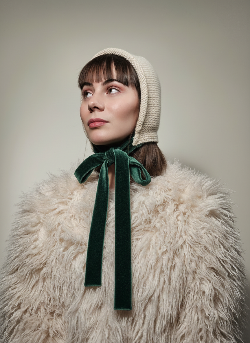 Laura- Knit Bonnet with Velvet Ties