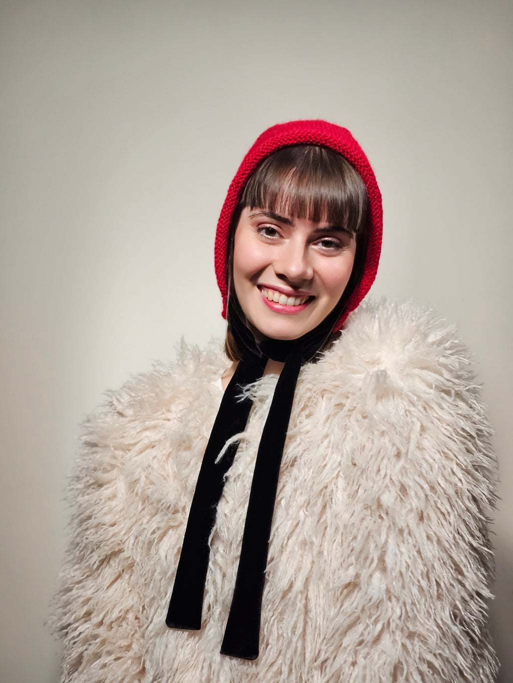 Laura- Knit Bonnet with Velvet Ties